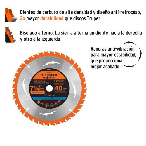 100104 - Disco sierra 7-1/4" p/madera, 40 dientes centro 5/8", Expert