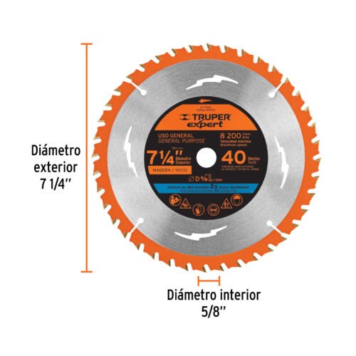 100104 - Disco sierra 7-1/4" p/madera, 40 dientes centro 5/8", Expert