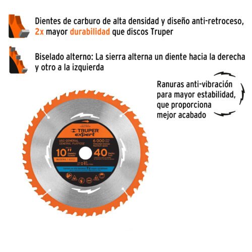 100105 - Disco sierra 10" para madera, 40 dientes centro 1", Expert