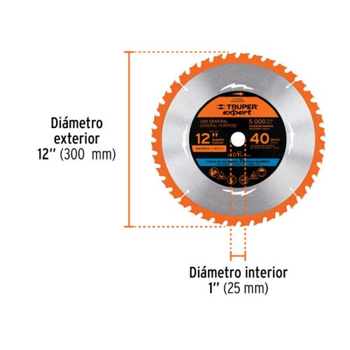 100107 - Disco sierra 12" para madera, 40 dientes centro 1", Expert