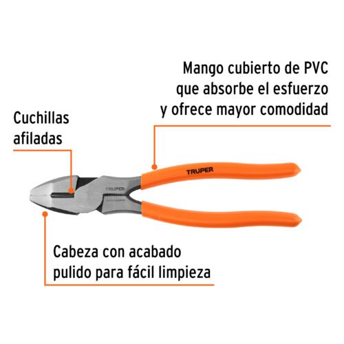 100138 - Pinza para electricista 8" alta palanca mango PVC, Truper