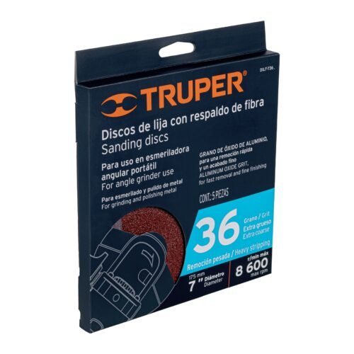 100160 - Disco de lija de 7" con respaldo de fibra, grano 36, TRUPER