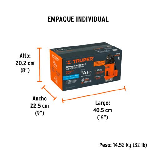 100170 - Bomba sumergible hierro fundido, agua limpia, 3/4 HP, TRUPER