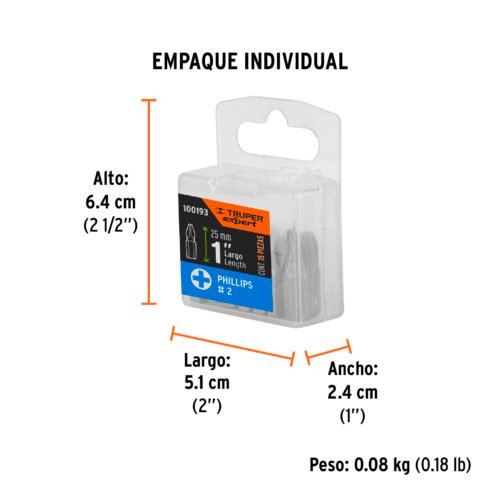 100193 - Estuche con 15 puntas de cruz PH2 largo 1", Truper Expert