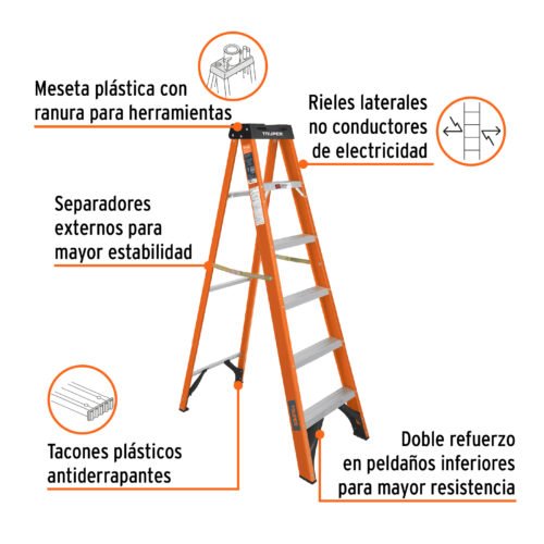 100225 - Escalera de tijera, tipo ll, 5 peldaños, fibra de vidrio