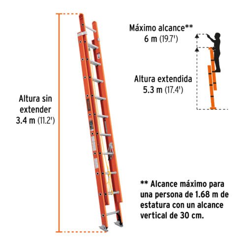 100228 - Escalera de extensión, tipo II, 20 peldaños, fibra de vidrio