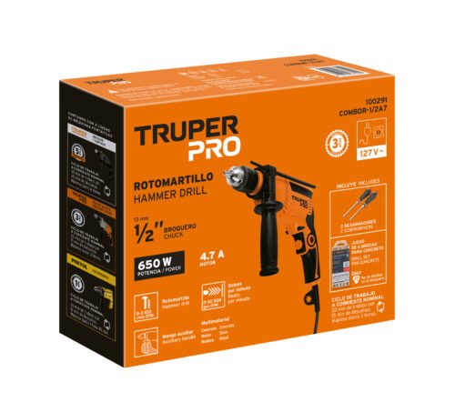 100291 - Combo rotomartillo 1/2" 650W, 6 brocas y 2 desarmadores,PRO