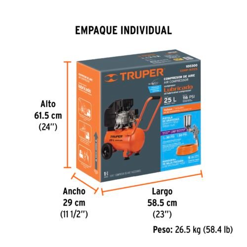 100300.3 100300 - Kit Compresor lub, 25L, manguera y pistola grav,127V, TRUPER