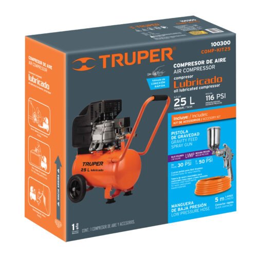 100300.4 100300 - Kit Compresor lub, 25L, manguera y pistola grav,127V, TRUPER