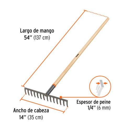 100493.2 100493 - Rastrillo recto de 14 dientes, mango de 54", Truper