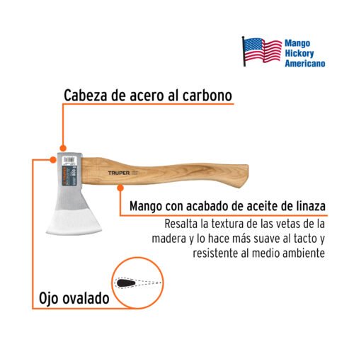 100494 - Hacha europea, 800 g, mango hickory 15", Truper