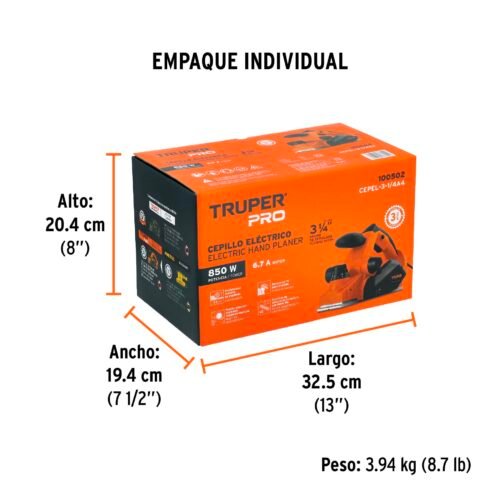 100502.4 100502 - Cepillo eléctrico 3-1/4", 850W, TRUPER PRO
