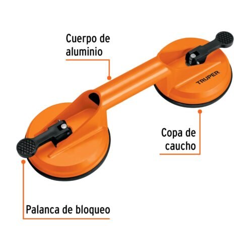 100761 - Ventosa de aluminio para vidrio, 2 copas de succión, Truper