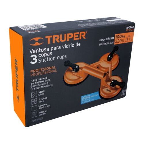100762 - Ventosa de aluminio para vidrio, 3 copas de succión, Truper