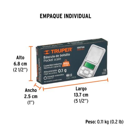 100786.3 100786 - Báscula electrónica de bolsillo, de pilas, 500 g, Truper