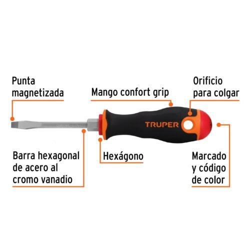 100831 - Desarmador plano 3/16" x 3" mango Comfort Grip, Truper