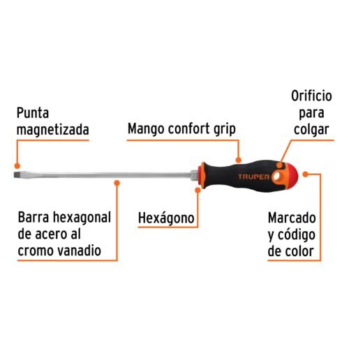 100833 - Desarmador plano 1/4" x 8" mango Comfort Grip, Truper