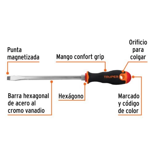100834 - Desarmador plano 3/8" x 8" mango Comfort Grip, Truper
