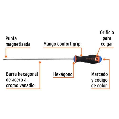 100835 - Desarmador de cruz 1/8" x 8" mango Comfort Grip, Truper