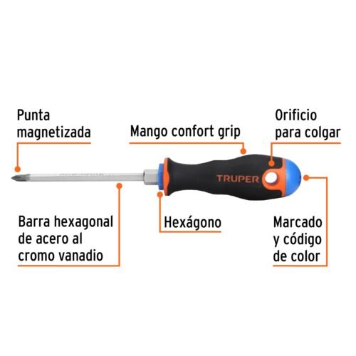 100836 - Desarmador de cruz 3/16" x 4" mango Comfort Grip, Truper