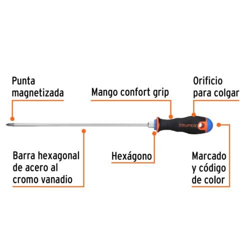 100837 - Desarmador de cruz 3/16" x 10" mango Comfort Grip, Truper