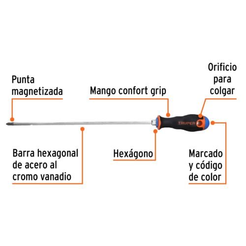 100838 - Desarmador de cruz 1/4" x 12" mango Comfort Grip, Truper
