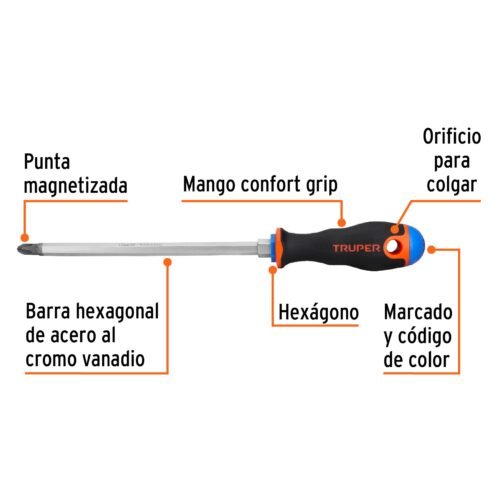 100839 - Desarmador de cruz 3/8" x 8" mango Comfort Grip, Truper