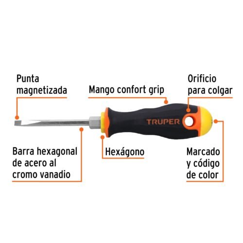100840 - Desarmador cabinet 3/16 x 3" mango Comfort Grip, Truper
