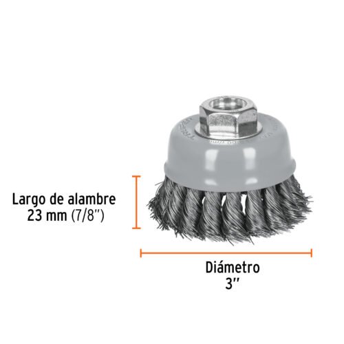 100851 - Carda copa 3" alambre trenzado fino, Multi-rosca, Truper