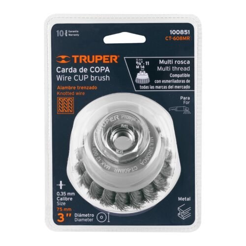 100851 - Carda copa 3" alambre trenzado fino, Multi-rosca, Truper