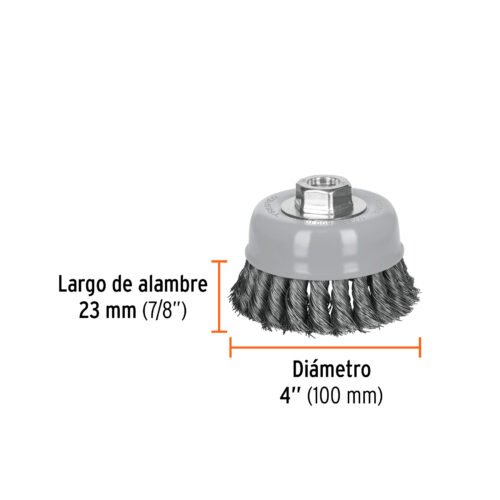 100852 - Carda copa 4" alambre trenzado fino, Multi-rosca, Truper