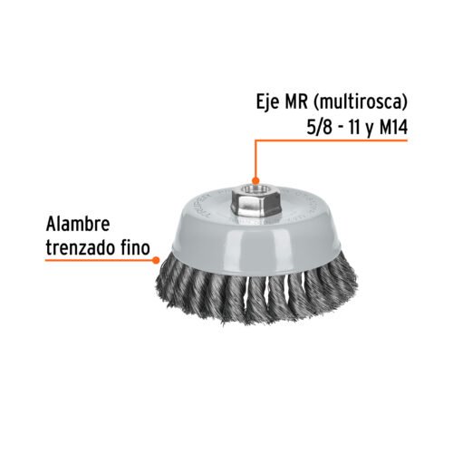 100853 - Carda copa 5" alambre trenzado fino, Multi-rosca, Truper