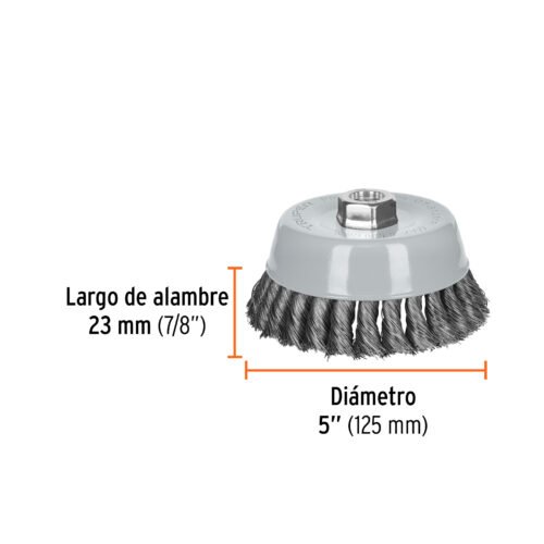 100853 - Carda copa 5" alambre trenzado fino, Multi-rosca, Truper