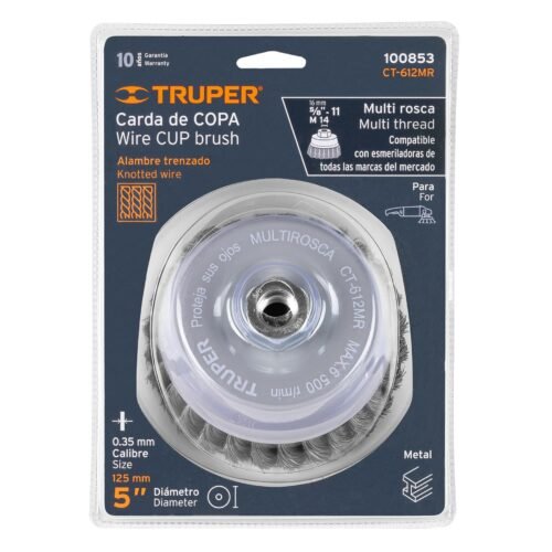 100853 - Carda copa 5" alambre trenzado fino, Multi-rosca, Truper