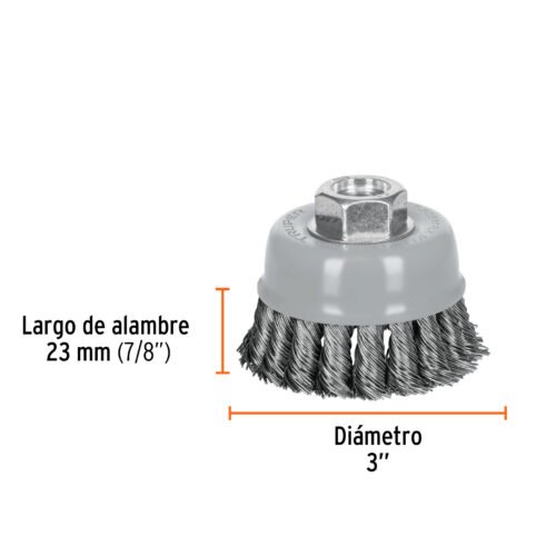 100854 - Carda copa 3" alambre trenzado grueso, Multi-rosca, Truper
