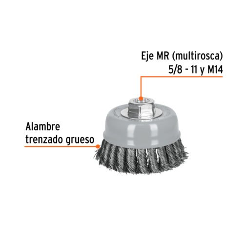 100855 - Carda copa 4" alambre trenzado grueso, Multi-rosca, Truper
