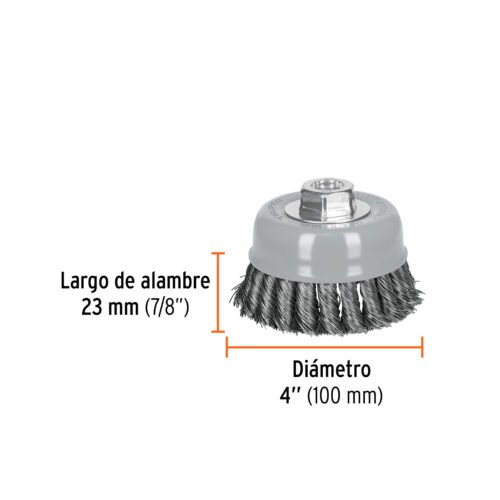 100855 - Carda copa 4" alambre trenzado grueso, Multi-rosca, Truper