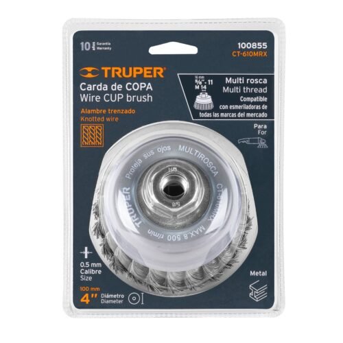100855 - Carda copa 4" alambre trenzado grueso, Multi-rosca, Truper