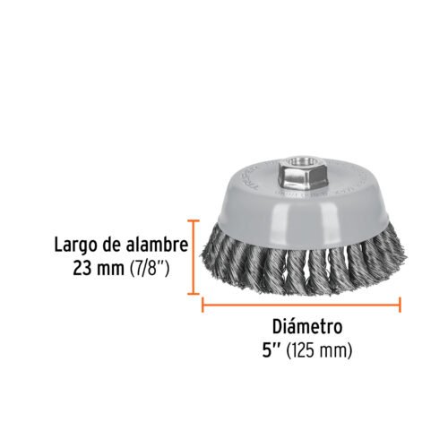 100856 - Carda copa 5" alambre trenzado grueso, Multi-rosca, Truper