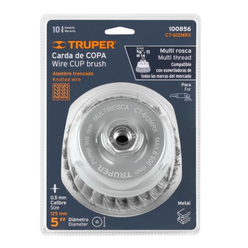 100856 - Carda copa 5" alambre trenzado grueso, Multi-rosca, Truper