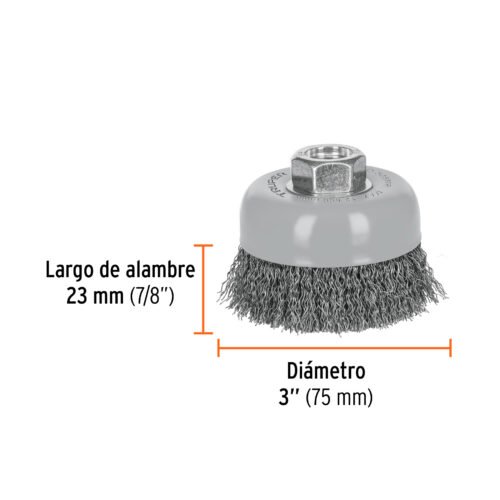 100857 - Carda copa 3" alambre ondulado fino, Multi-rosca, Truper