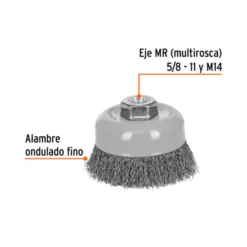 100858 - Carda copa 4" alambre ondulado fino, Multi-rosca, Truper