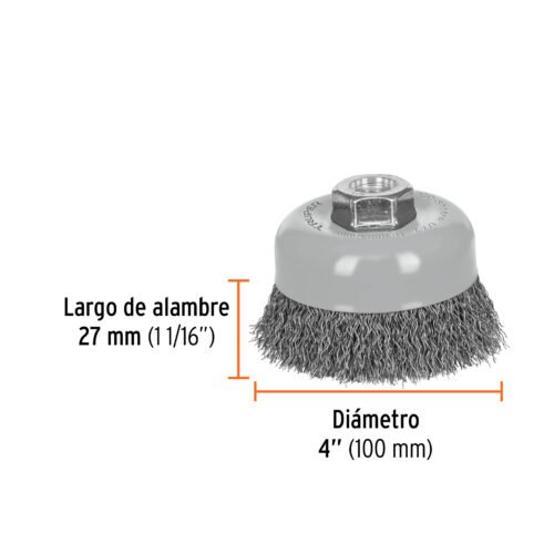 100858 - Carda copa 4" alambre ondulado fino, Multi-rosca, Truper