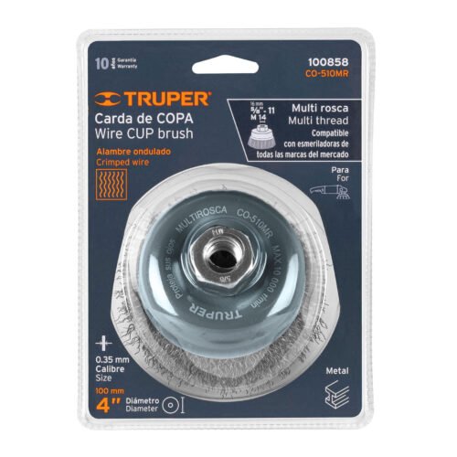 100858 - Carda copa 4" alambre ondulado fino, Multi-rosca, Truper