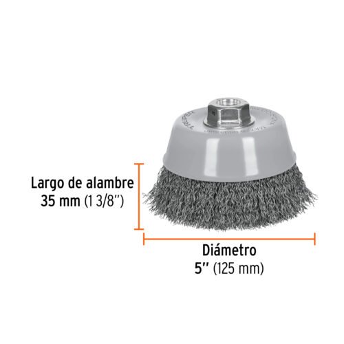 100859 - Carda copa 5" alambre ondulado fino, Multi-rosca, Truper