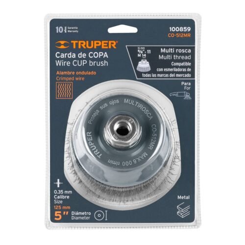 100859 - Carda copa 5" alambre ondulado fino, Multi-rosca, Truper