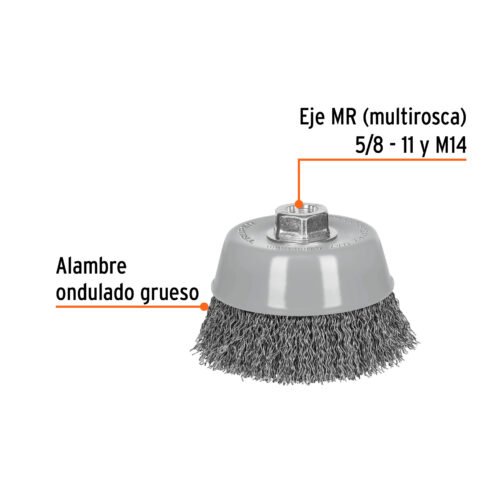 100870 - Carda copa 5" alambre ondulado grueso, Multi-rosca, Truper