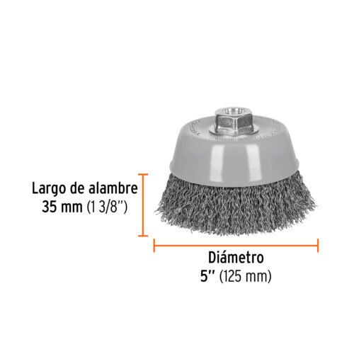 100870 - Carda copa 5" alambre ondulado grueso, Multi-rosca, Truper
