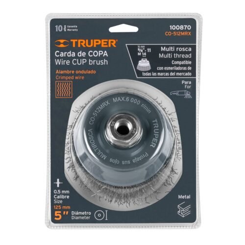 100870 - Carda copa 5" alambre ondulado grueso, Multi-rosca, Truper