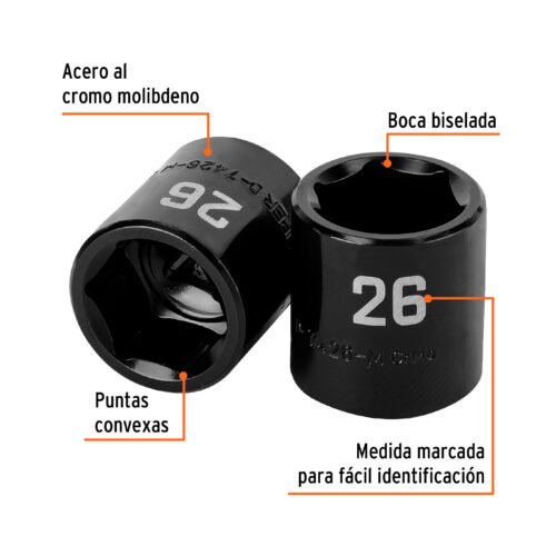 100899.1 100899 - Dado de impacto de 26 mm, 6 puntas, cuadro 1/2", Truper
